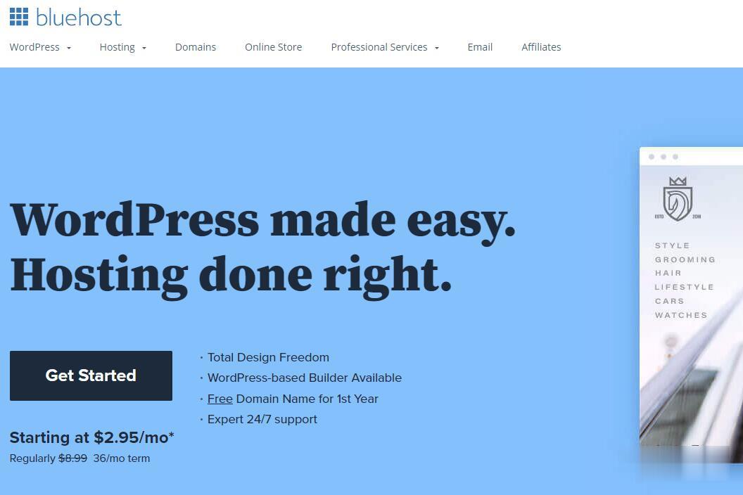 Bluehost美国虚拟主机2.95美元/月，十八周年庆年付赠送顶级域名和SSL证书